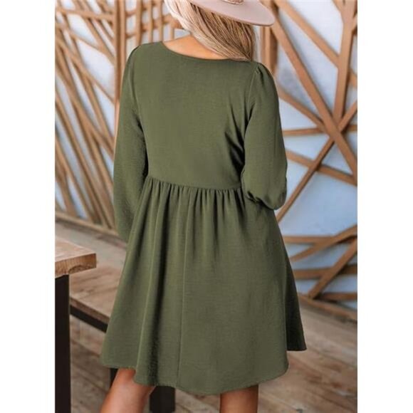 Women's 2024 Casual Smocked Crewneck Button-Up Long Sleeve Mini Dress, Green - Picture 2 of 6